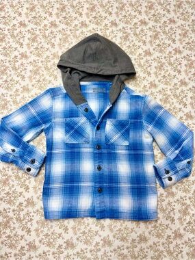 Boy’s Kid’s Weekend Academy Blue Plaid Hooded Button-Up Shirt Jacket XS 4-5